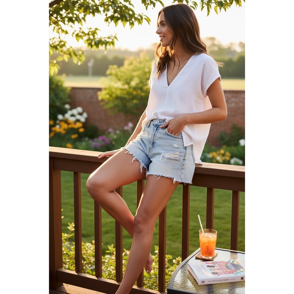 American Eagle Womens High Waisted Mom Denim Shorts Light Wash Distressed Size 0